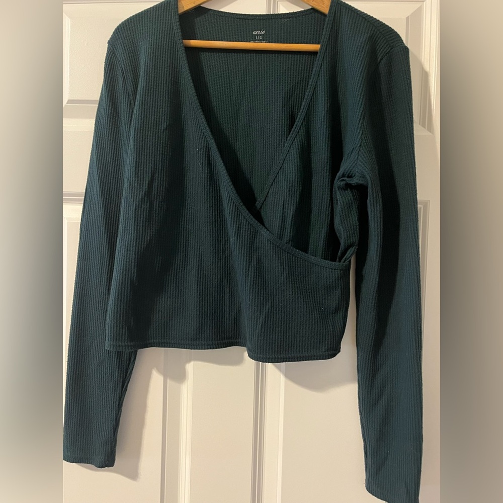 Aerie Deep Green Ribbed Wrap Top